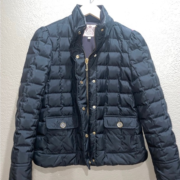 Y2K Juicy Couture Black Puffer Jacket Small Gold Button Coquette Winter Coat - Picture 2 of 7